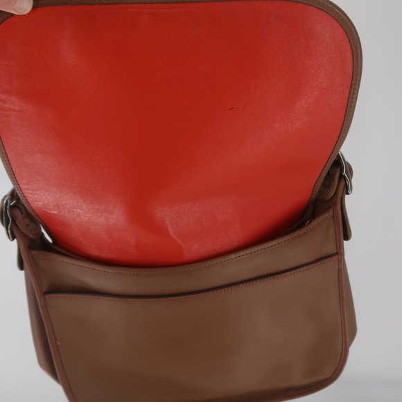 Coach Brown Leather Crossbody Handbag w Orange Lining - Picture 2 of 9